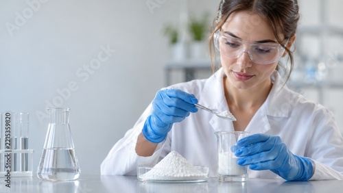 Female scientist in white lab coat carefully measuring white chemical powder with spatula into glass beaker within bright modern laboratory setting