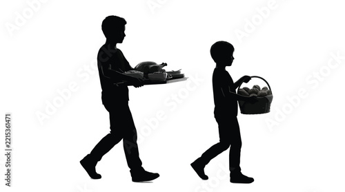 Silhouette of two young boys walking together while carrying holiday food trays and baskets