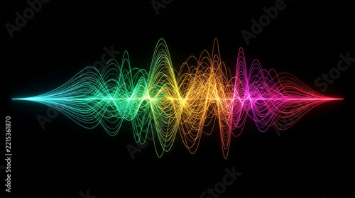 Abstract sound wave visualization with vibrant rainbow colors on a deep black background