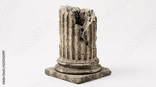 Fragment of a broken ancient Greek or Roman fluted column base resting on a pristine white background.