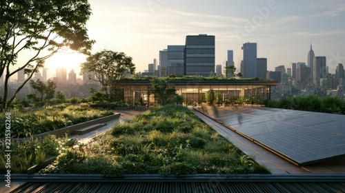 Rooftop Oasis with Cityscape: A modern building with a lush green rooftop garden and solar panels, offering a serene escape amidst a panoramic view of a bustling cityscape at sunset.