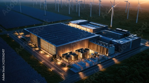Modern Data Center with Renewable Energy: A state-of-the-art data center complex, illuminated at night, is surrounded by solar panels and wind turbines, showcasing a commitment to sustainable power.