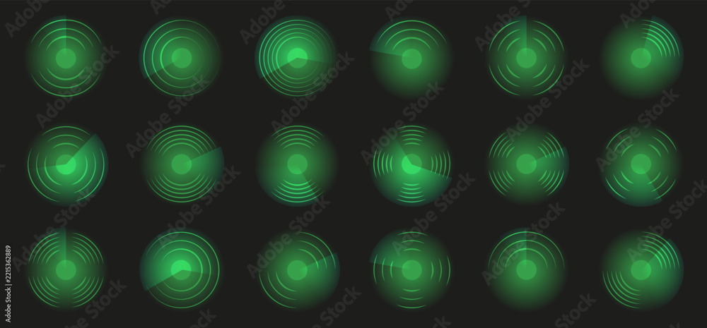 Fototapeta premium Green radar screen collection with glowing circular signals and rotating scanning sectors