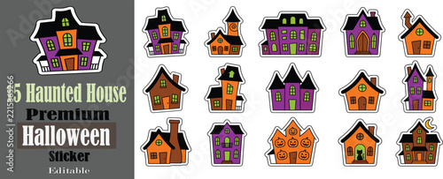 Spooky haunted house icons set with windows, chimneys and doors in orange, purple and green, Halloween flat vector stickers
