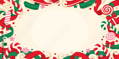 Christmas candy cane and ribbon holiday background border frame with christmas background decoration lollipop illustration seasonal celebration greeting template confectionery ornament