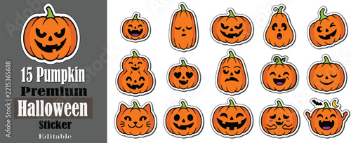 Halloween pumpkin stickers set of 15 smiling jack-o-lanterns with cartoon faces, editable flat vector icons for holiday designs
