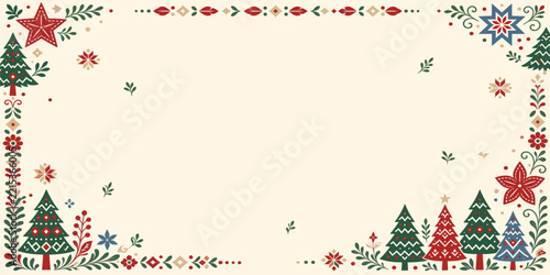 Decorative christmas folk art frame with colorful trees and stars christmas scandinavian illustration ornamental seasonal greeting template background decoration colorful botanical