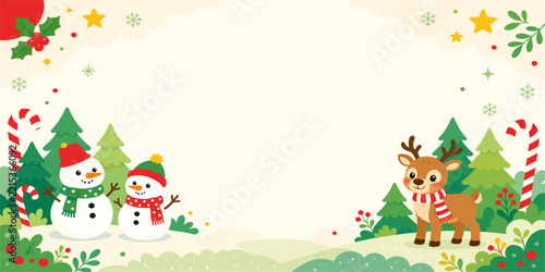 Cute cartoon winter background with happy snowmen and a deer christmas background reindeer character celebration decoration greeting illustration template seasonal