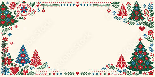 Folk art style christmas border with evergreen trees and floral patterns christmas traditional ornamental decoration background template illustration embroidery greeting invitation seasonal