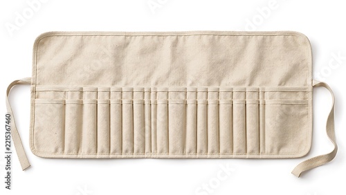 Empty Natural Off-White Heavy Duck Canvas Roll-Up Tool Pouch on White