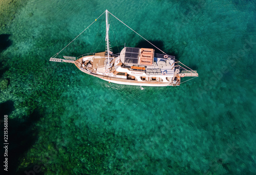 Aerial View Wooden Sailing Yacht Anchored in Greece