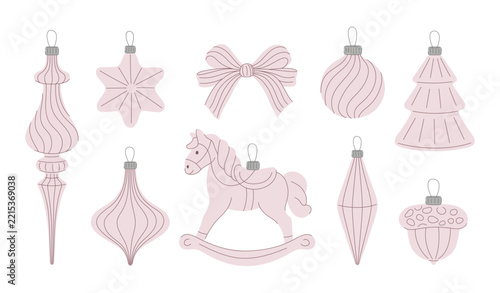 Set of pink outline Christmas tree toys: finial, star, bow, bauble, tree, teardrop, onion ornament, rocking horse, acorn, cone. Hand drawn style. For cards, stickers, coloring pages.