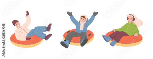 Set of three people riding inflatable snow tubes. Winter activity. Hand drawn flat illustration.