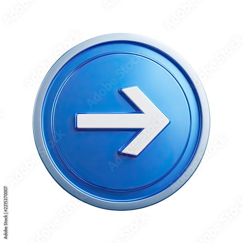 Blue circular button with a white arrow pointing right isolated on transparent background