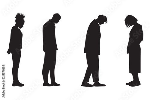 Sad Depressed People Standing Silhouette Set Flat Vector Icon Emotion