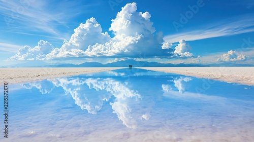 Vast white expanse and reflective water mirror the dramatic sky.