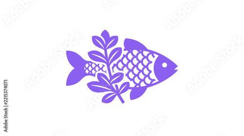 Simple purple fish mascot with seaweed branches.
