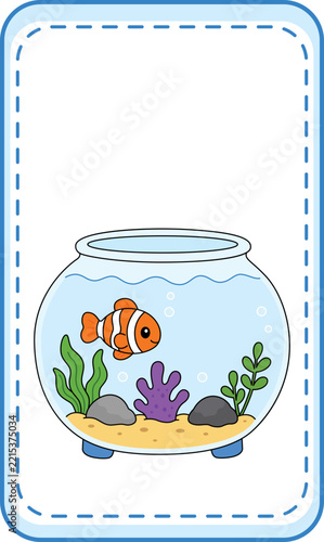 Cute clownfish in a glass fishbowl, educational flashcard template with copy space, orange tropical fish in aquarium vector illustration