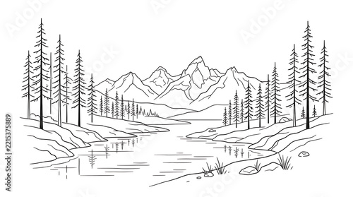 Outline Drawing of Serene Mountain Landscape with River
