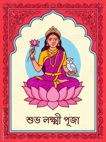 Traditional indian art illustration of goddess lakshmi sitting on a lotus with an owl, framed with decorative border and bengali text for lakshmi puja