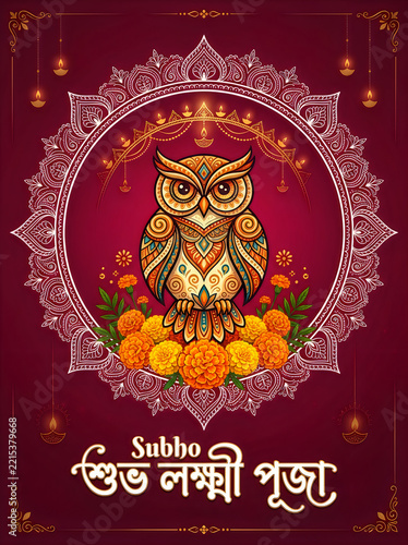 Decorative greeting card for lakshmi puja featuring an ornate owl illustration, marigold flowers, and traditional oil lamps on a deep red background
