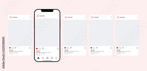 Instagram Social Media Carousel Posts Smartphone Mockup with Feed Layout Templates for Digital Marketing, and Mobile App Branding. Vector Illustration