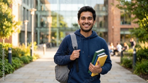Smiling young Indian male student with backpack holding books walking on university campus