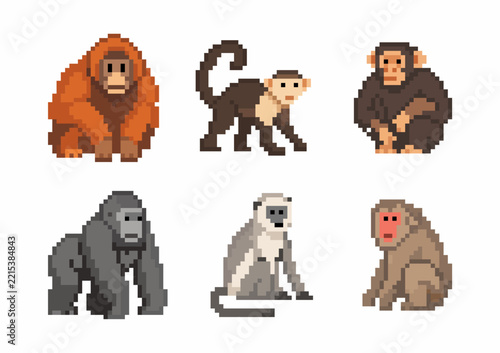Pixel Primate and Monkey Icon Set, Orangutan, Gorilla, Chimpanzee, Japanese Macaque, Langur, and Capuchin 