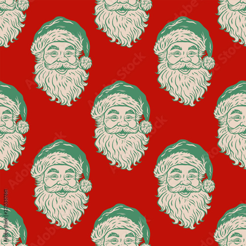 Vector vintage seamless pattern featuring a smiling Santa Claus in retro style. Vintage Christmas Santa pattern.