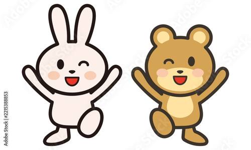 Cute rabbit and bear cheering happily cartoon illustration