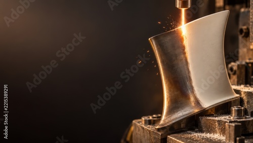 Glowing spray applying a thermal barrier coating to a turbine blade with sparks, close up of aerospace surface technology with copy space