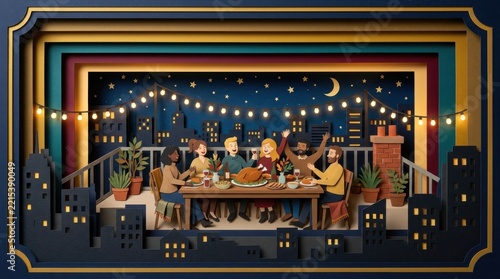 Festive autumn harvest dinner with diverse group around table