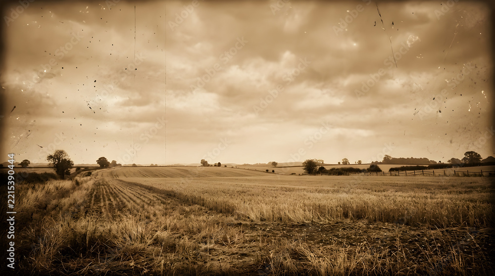 Naklejka premium Sepia toned landscape of an open agricultural field under a cloudy sky with vintage film aesthetic landscape countryside farmland agriculture outdoors grassland nostalgia photography rurality