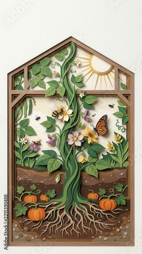 Autumn harvest paper cut background with vines, flowers, and pumpkins