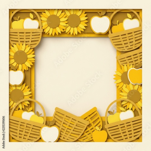 Decorative autumn harvest paper cut background with sunflowers and apples