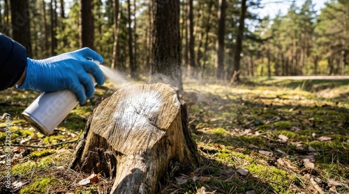 Forestry professional spraying a tree stump for woodland management and conservation.