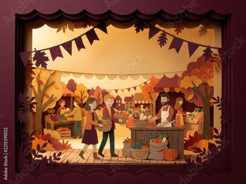 Whimsical autumn harvest market scene with families shopping for produce