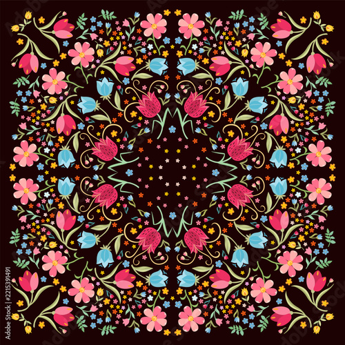 Beautiful bandana print with symmetrical floral ornament in folk style. 