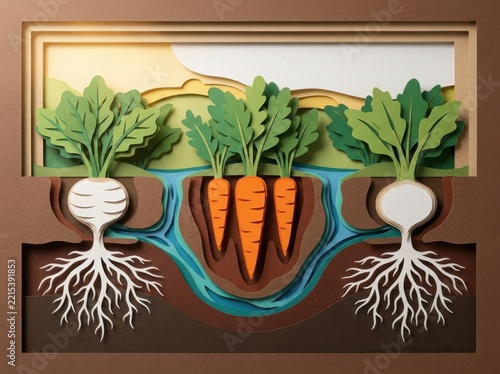 Colorful paper cut composition of carrots and roots in autumn harvest scene