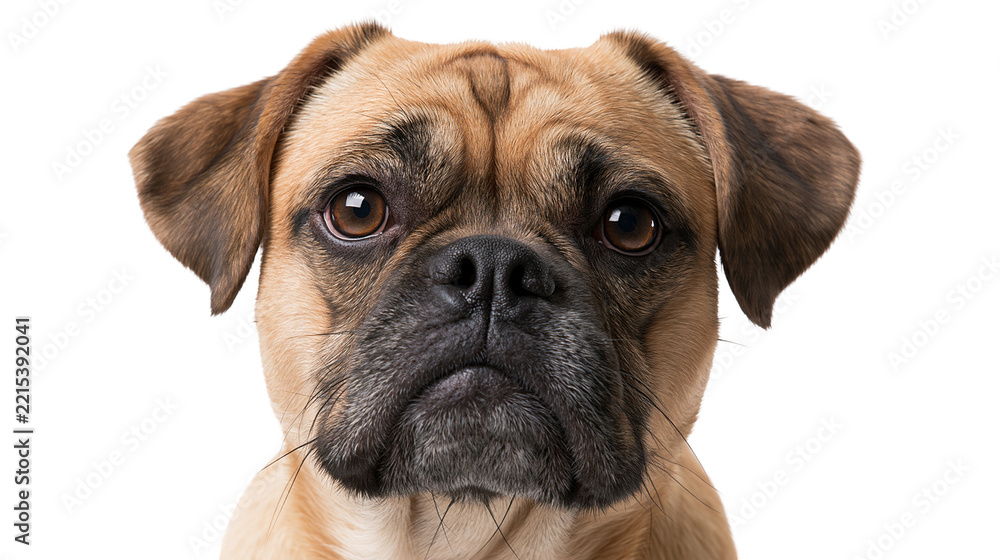 Obraz premium Close up portrait of a brown pug mix dog with black muzzle and expressive eyes
