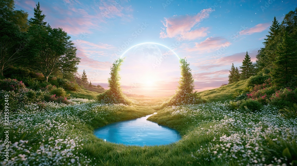 Naklejka premium Magical glowing archway leading to another world in a serene dreamlike landscape