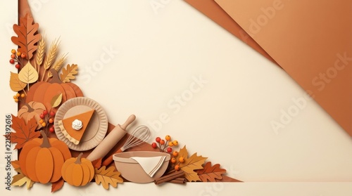 Autumn harvest decorative scene with pumpkins and pie for Thanksgiving