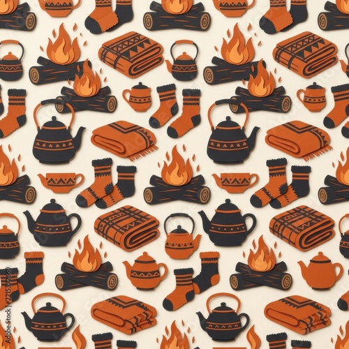Seamless autumn pattern featuring fire, blankets and teapots for cozy designs