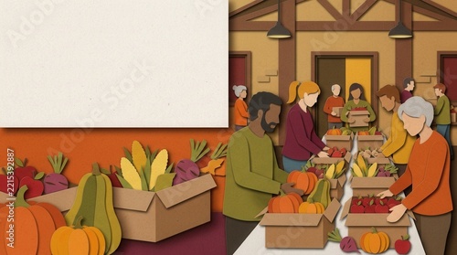 Community market event showcasing diverse individuals and autumn harvest produce