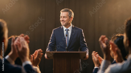 Politician Speaking at Podium with Applauding Audience