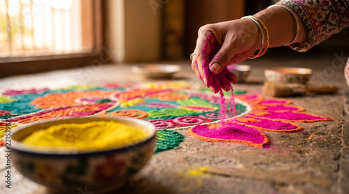 Hand Sprinkling Colored Powder on Rangoli