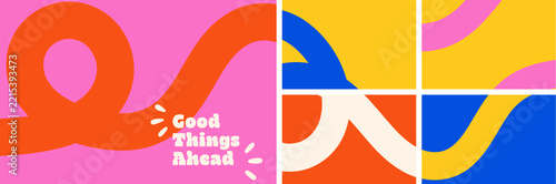 colorful abstract designs, wavy line poster collection. looped wavy lines background with organic curves, geometric shapes and playful typography in red, blue, yellow. hand drawn vector illustration