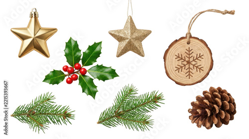Set of christmas decorations with stars and pine cones isolated on transparent background