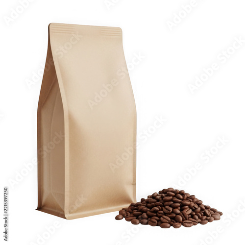 Brown coffee bag with spilled beans on white background