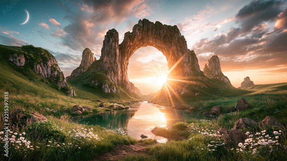 Naklejka premium Fantasy Landscape with Giant Stone Arch and River at Sunset